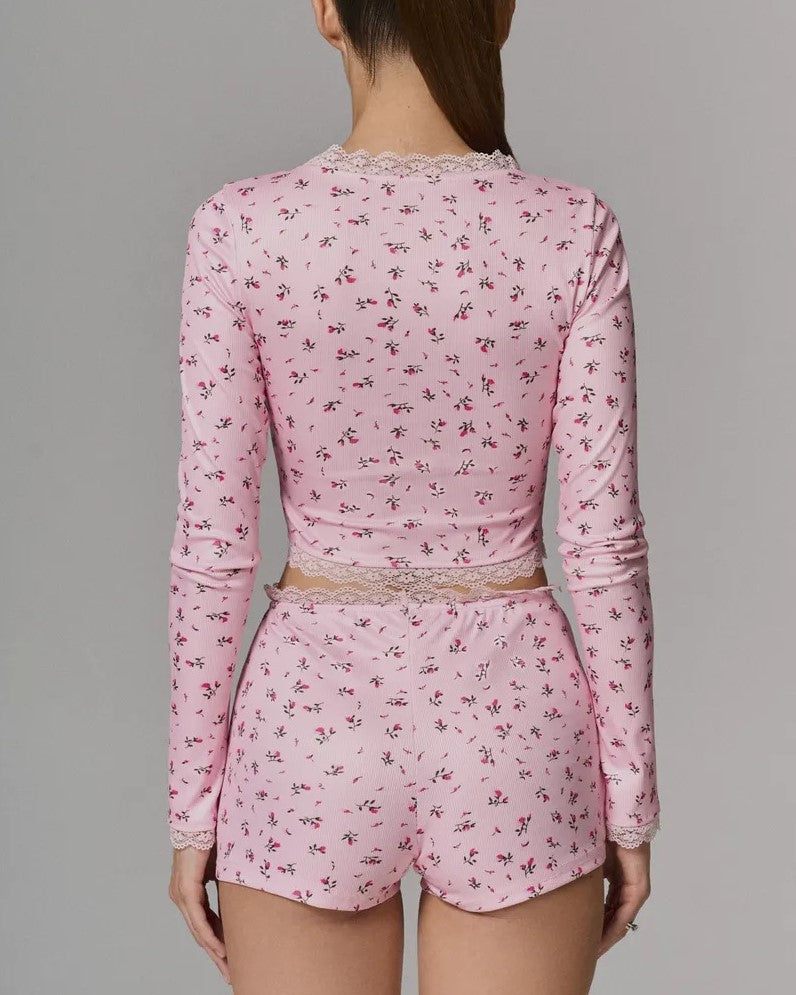 Ditsy Floral Lace Trim Lounge Set - Pink - 1