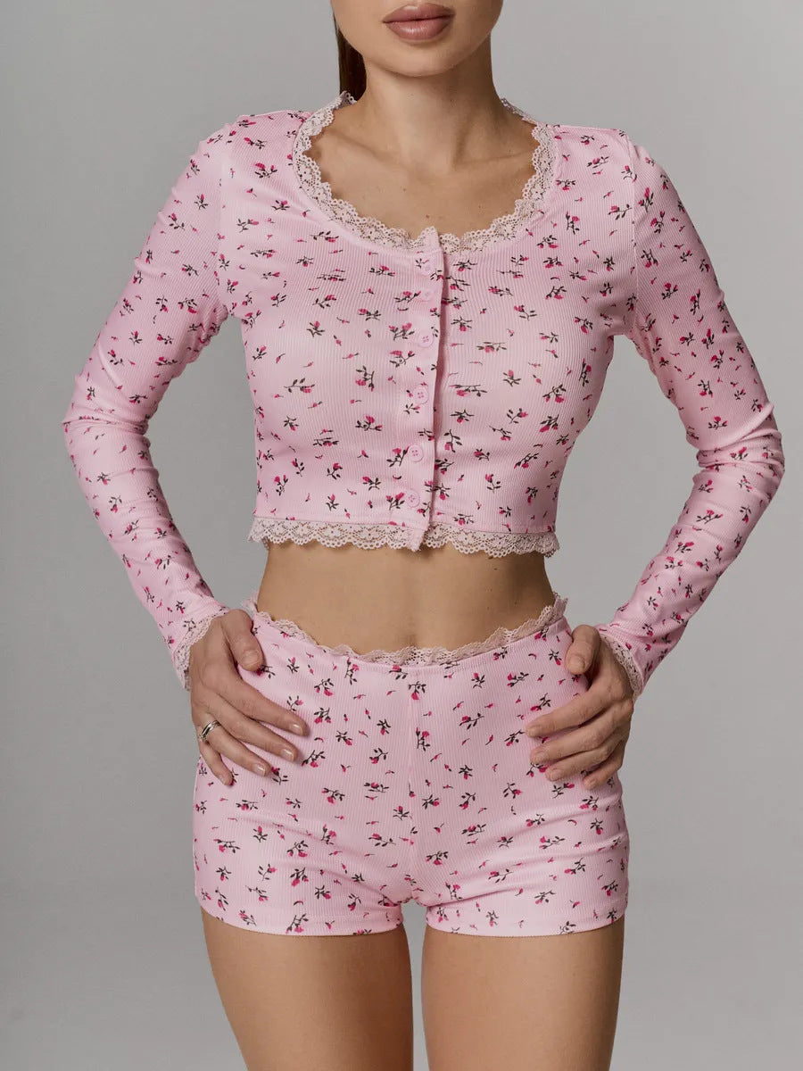 Ditsy Floral Lace Trim Lounge Set - Pink - 2