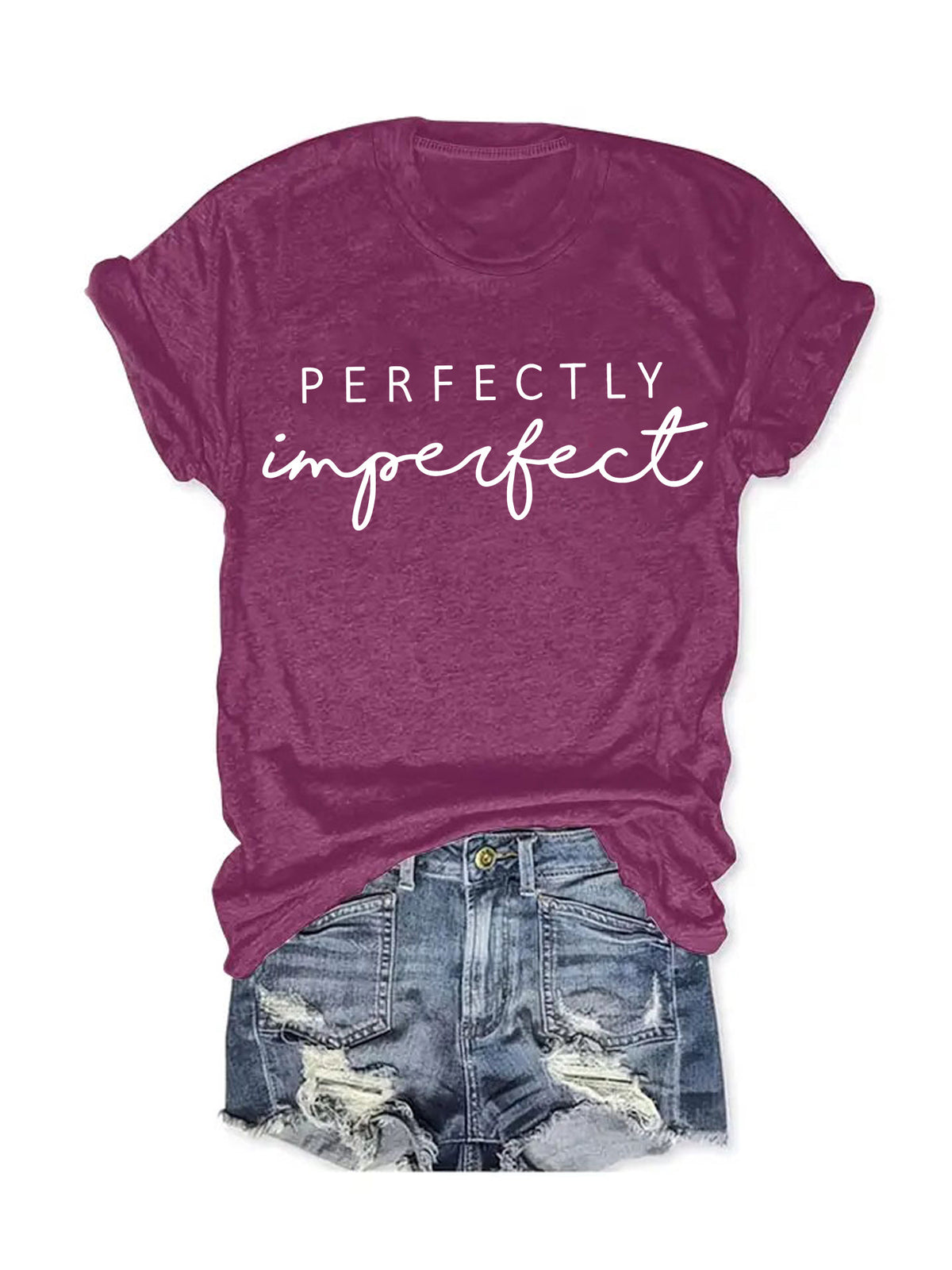 Perfectly Imperfect Hand Script Slogan Tee - Berry