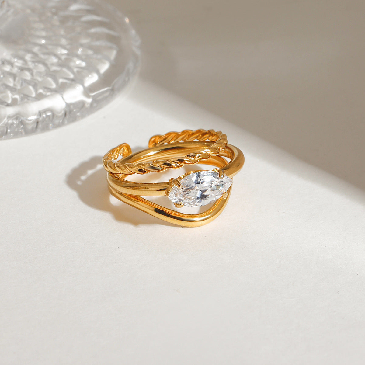 Twisted Marquise Stone Stacking Ring Set - Gold - 2