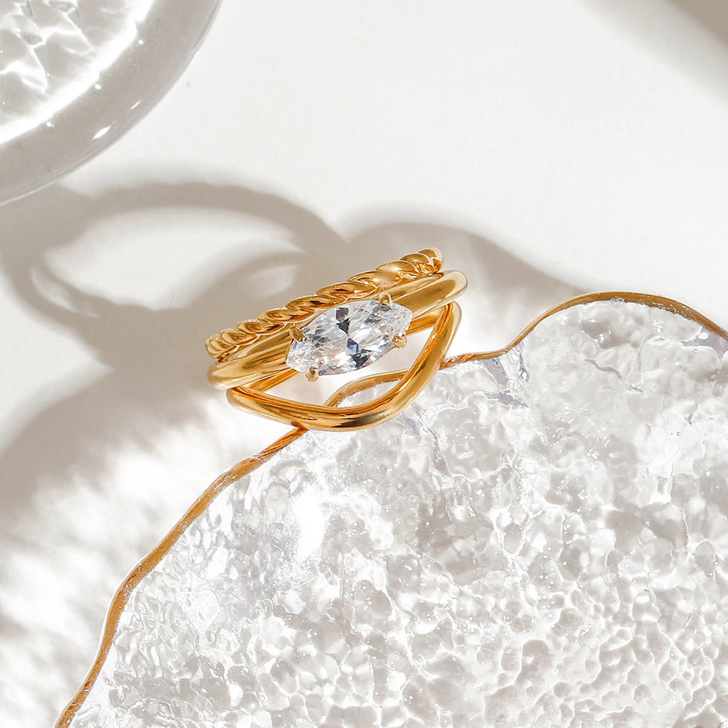 Twisted Marquise Stone Stacking Ring Set - Gold - 3