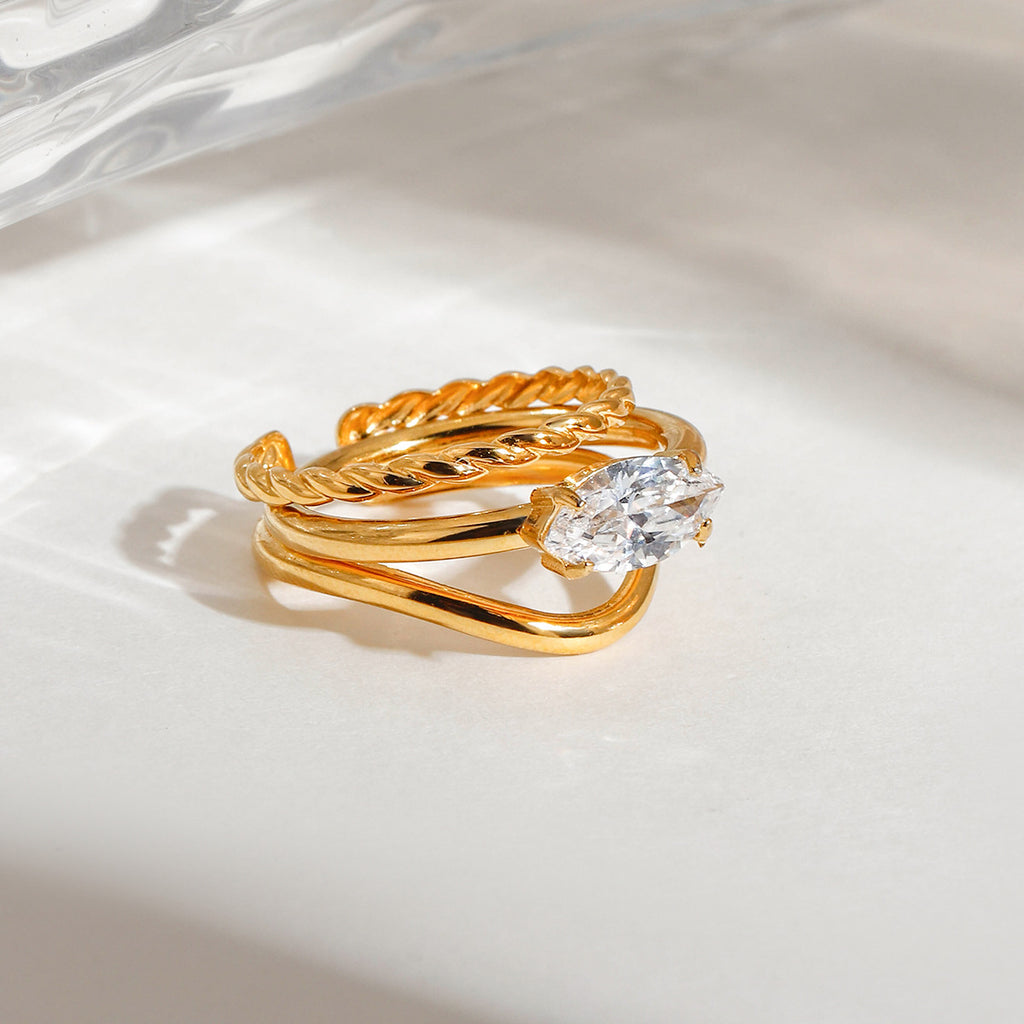 Twisted Marquise Stone Stacking Ring Set - Gold - 6