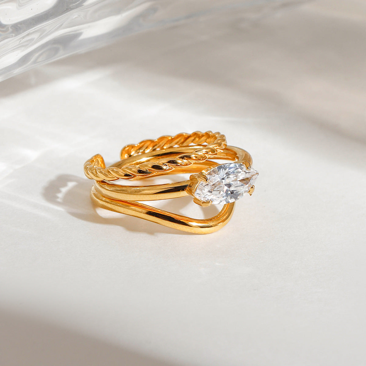 Twisted Marquise Stone Stacking Ring Set - Gold - 6