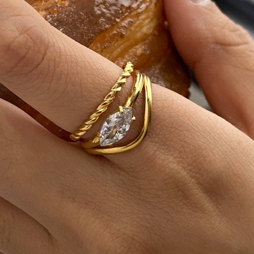 Twisted Marquise Stone Stacking Ring Set