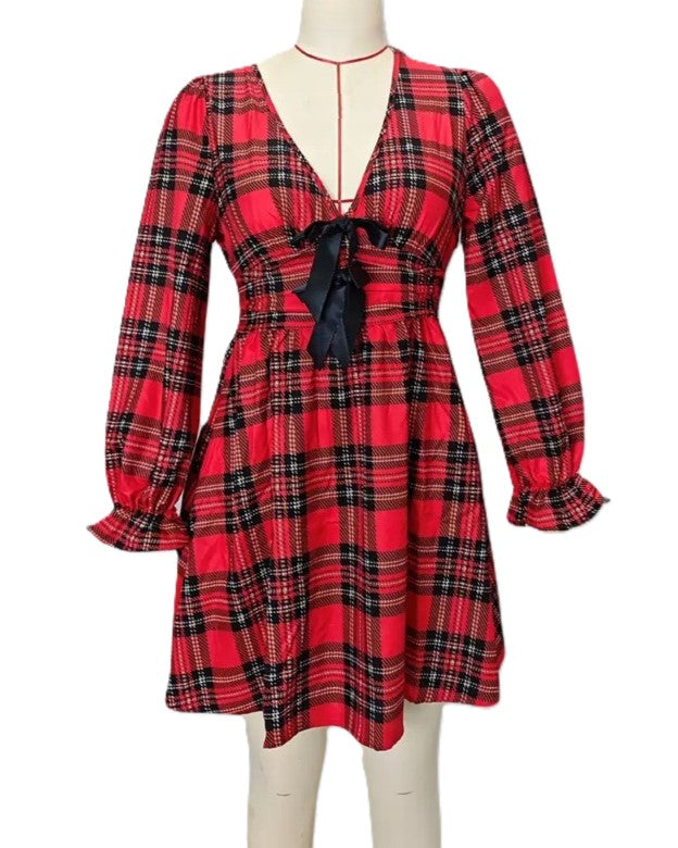 Tartan Plaid Bow Front Mini Dress - Red - 4