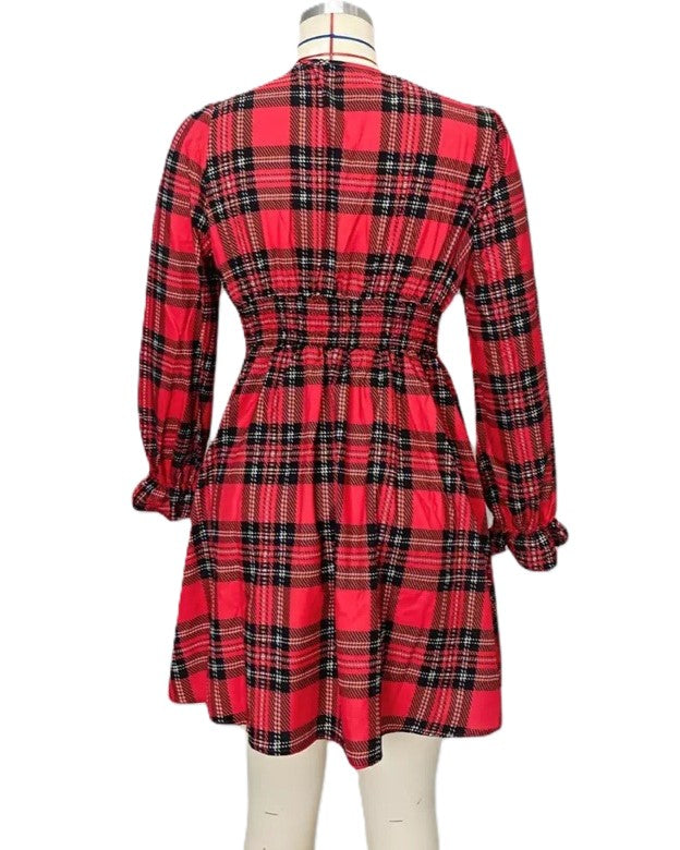 Tartan Plaid Bow Front Mini Dress - Red - 5