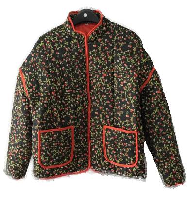 Retro Floral Quilted Piped Puffer Jacket - Black - 1
