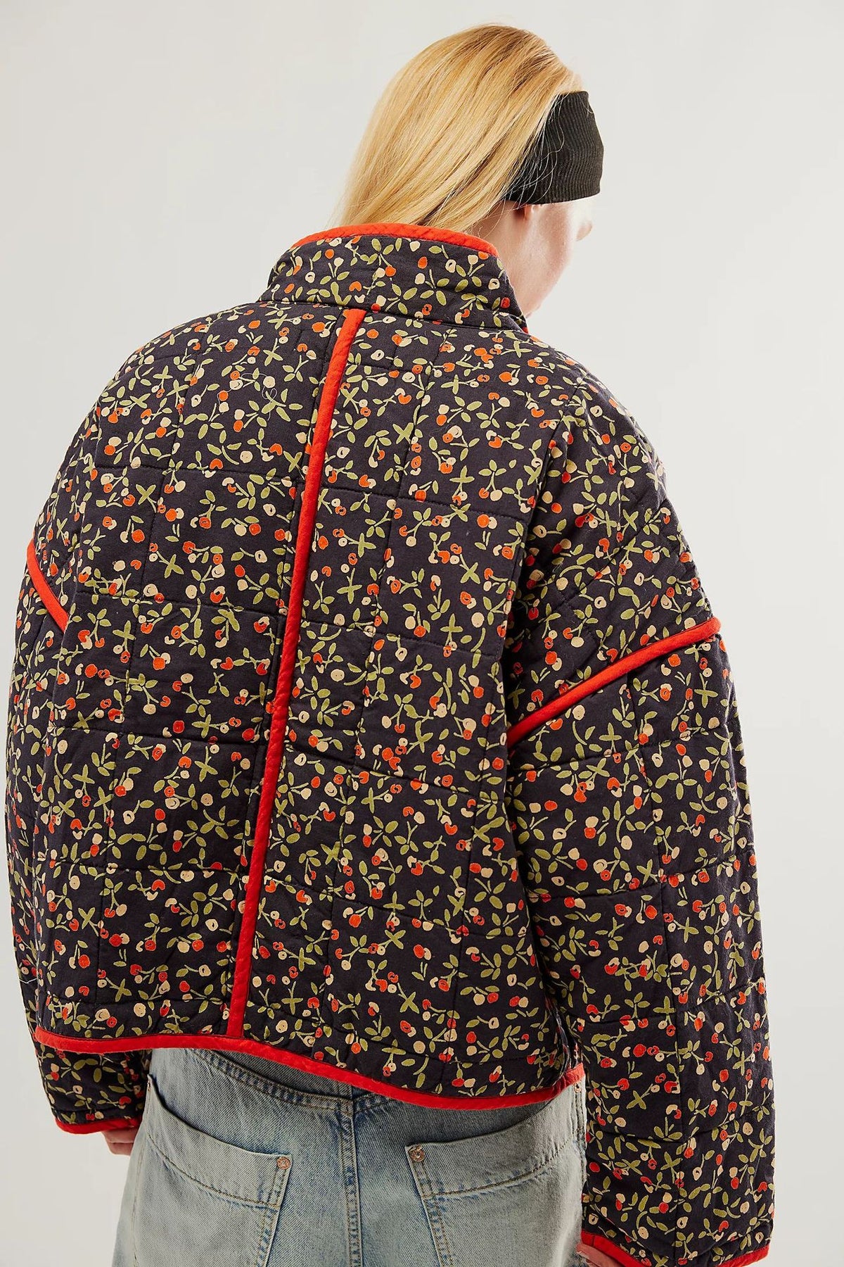 Retro Floral Quilted Piped Puffer Jacket - Black - 3