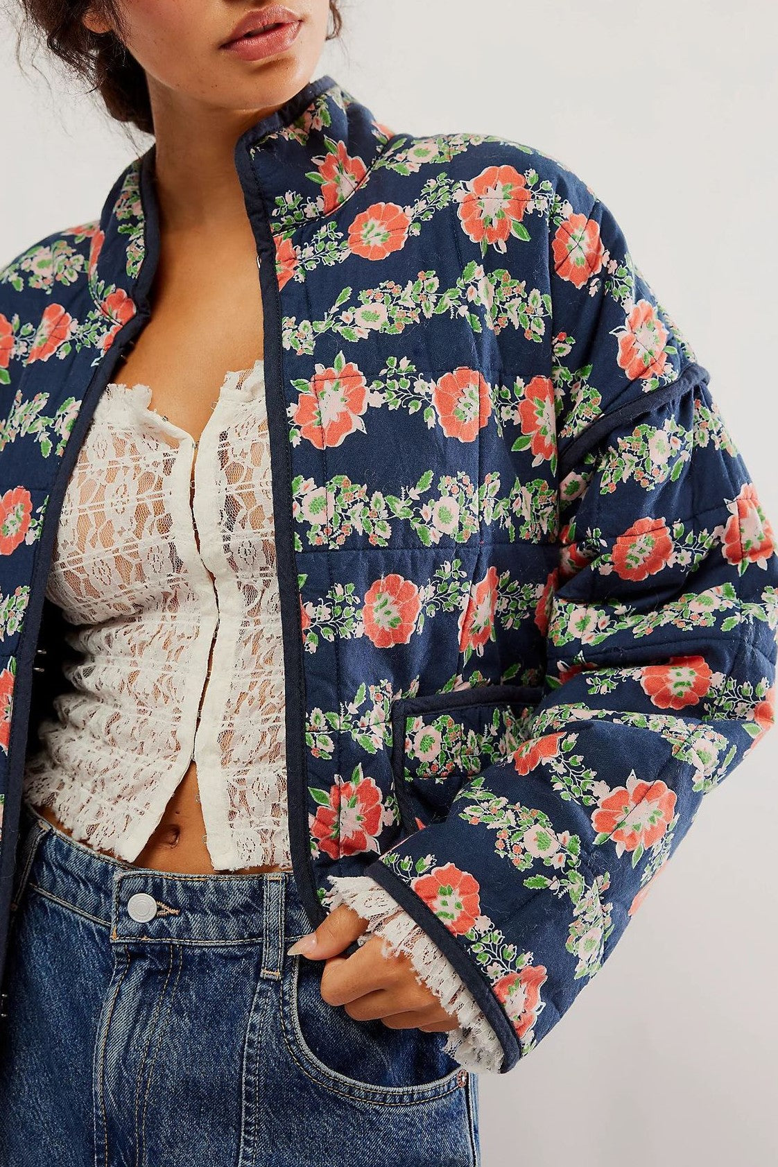 Retro Floral Quilted Piped Puffer Jacket - Navy - 1