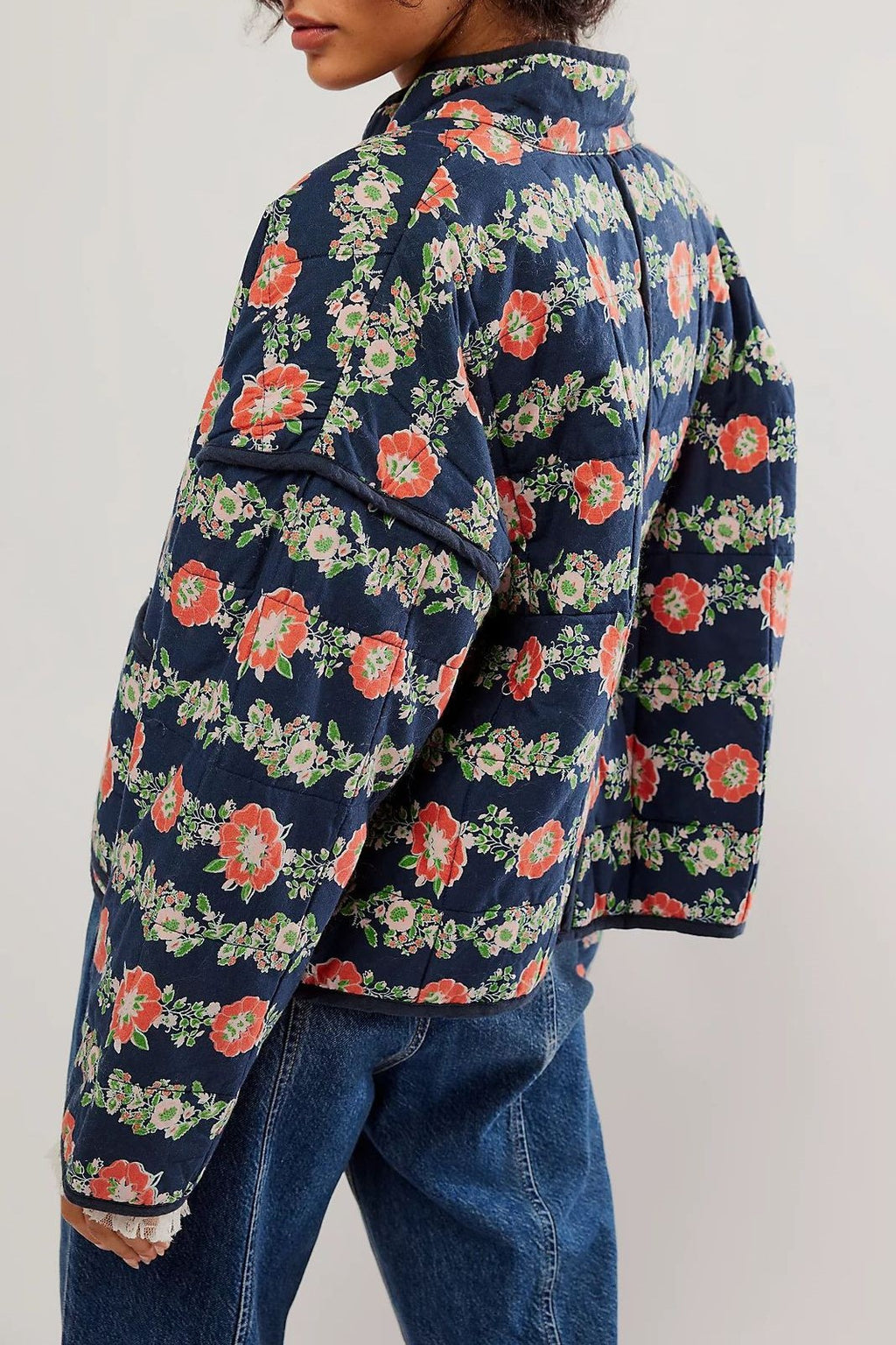 Retro Floral Quilted Piped Puffer Jacket - Navy - 2