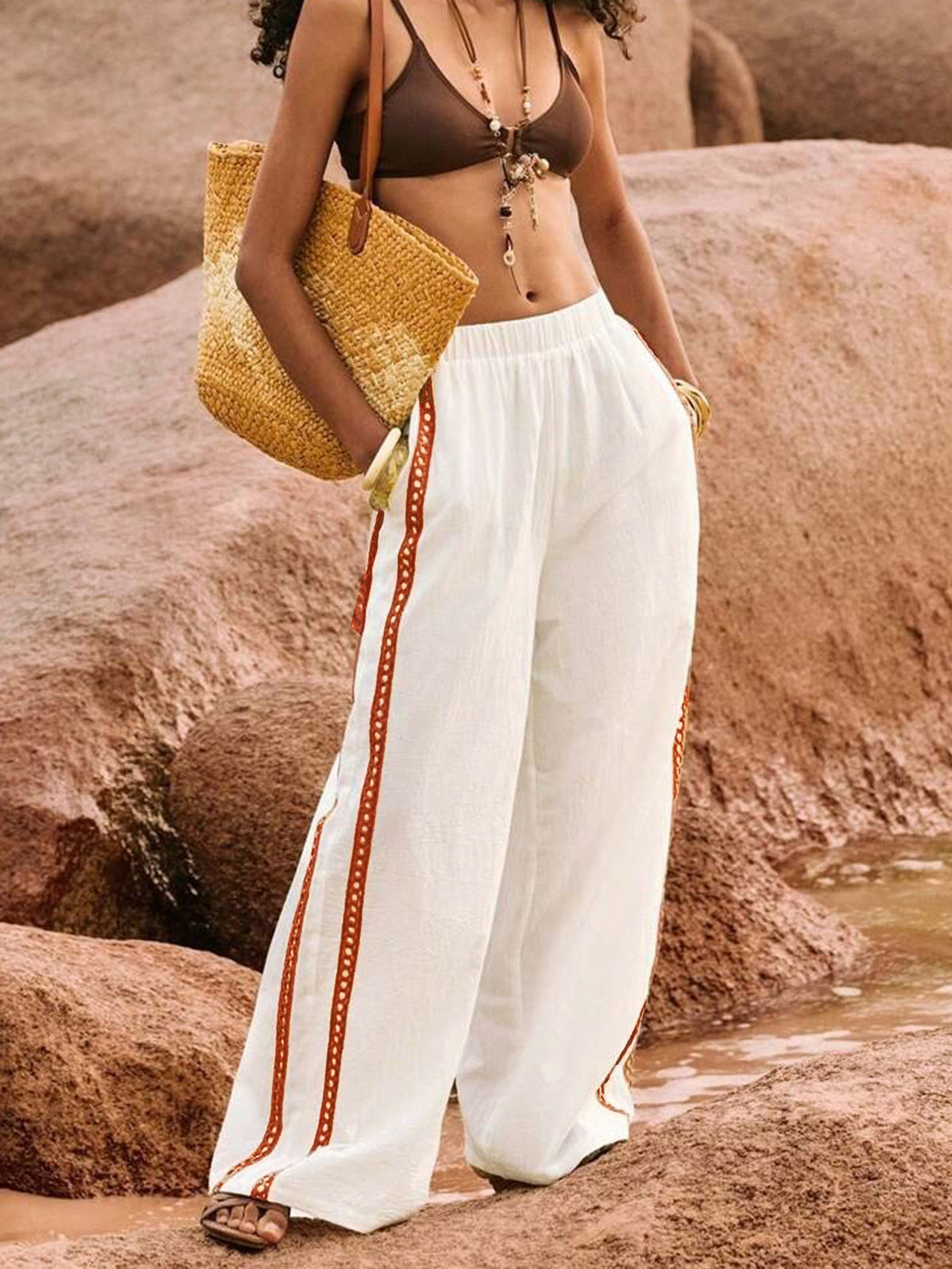Embroidered Wide-Leg Beach Pants with Boho Side Stripes - White
