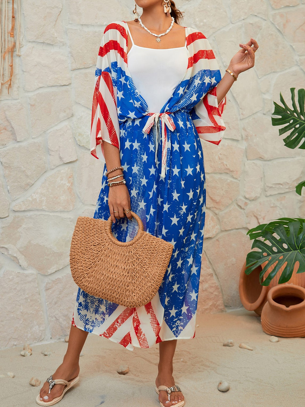 Stars And Stripes Print Beach Kimono - Color_3