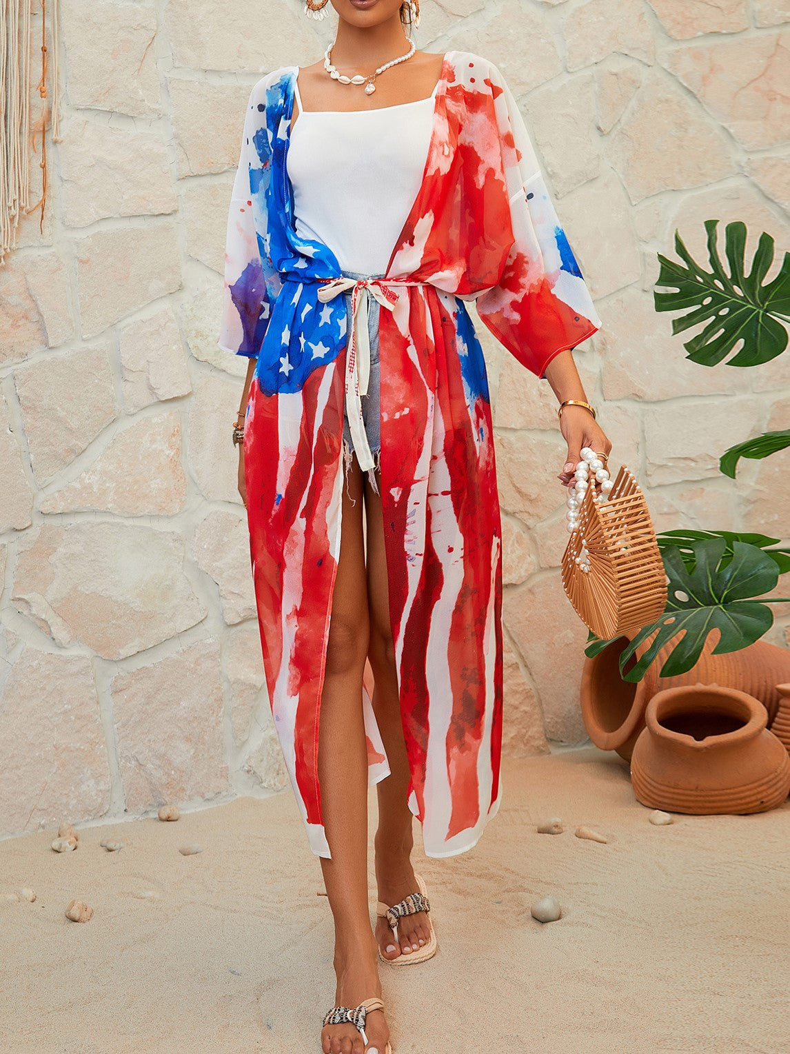 Stars And Stripes Print Beach Kimono - Color_6