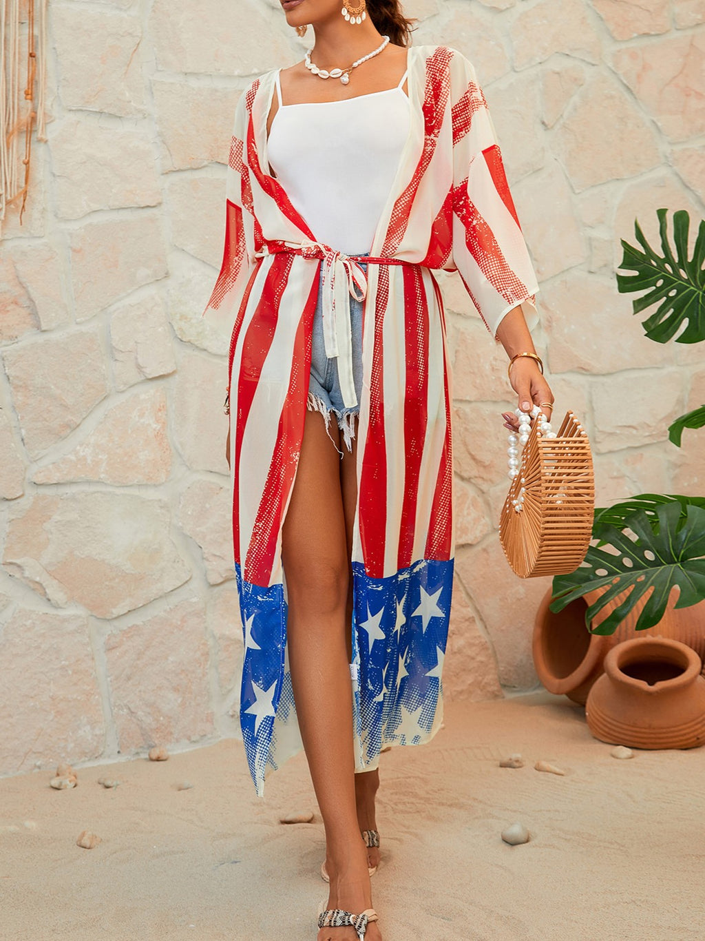 Stars And Stripes Print Beach Kimono - Color_7