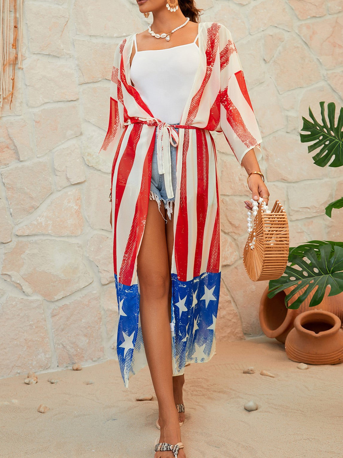 Stars And Stripes Print Beach Kimono - Color_7