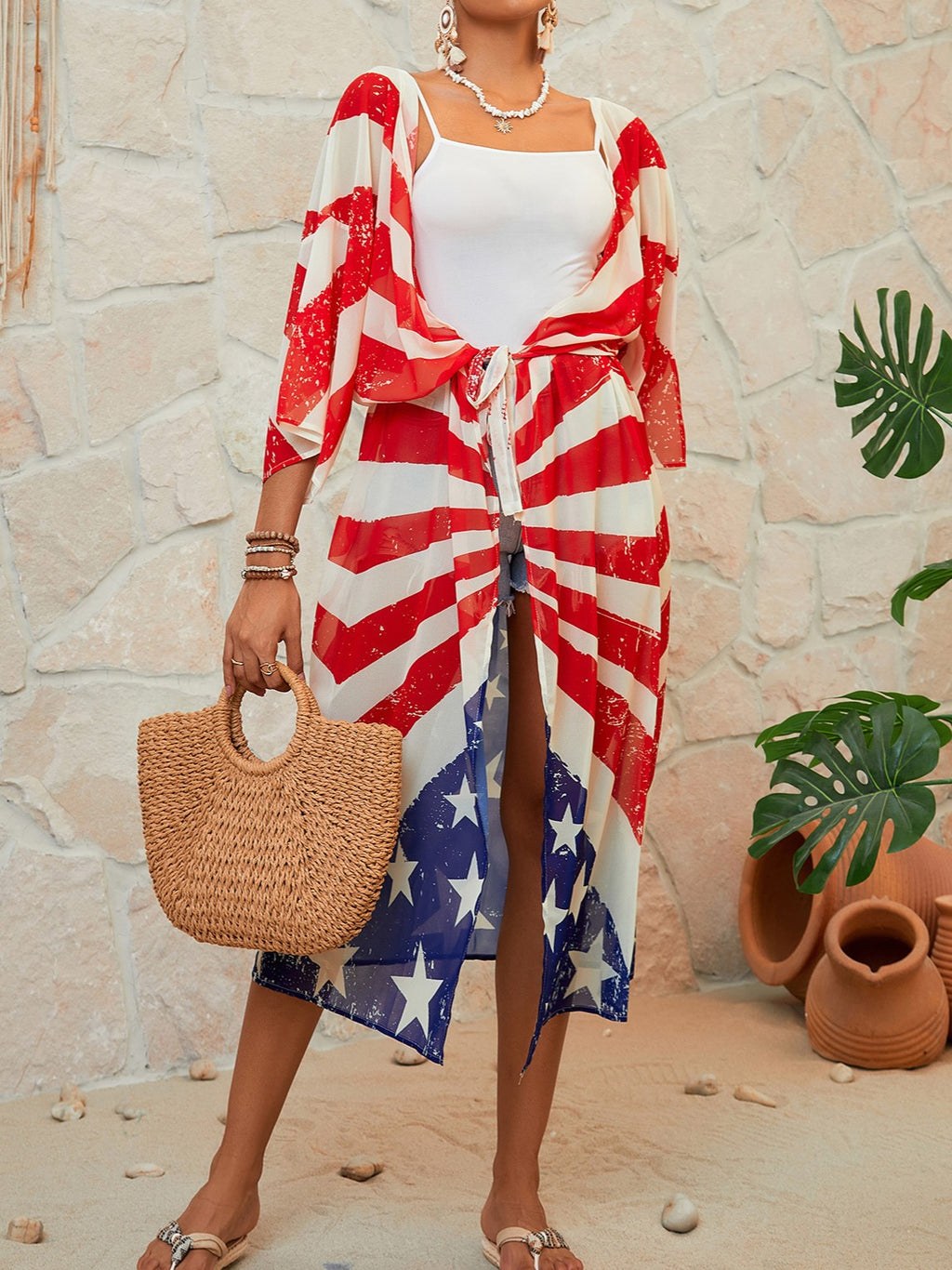 Stars And Stripes Print Beach Kimono - Color_8