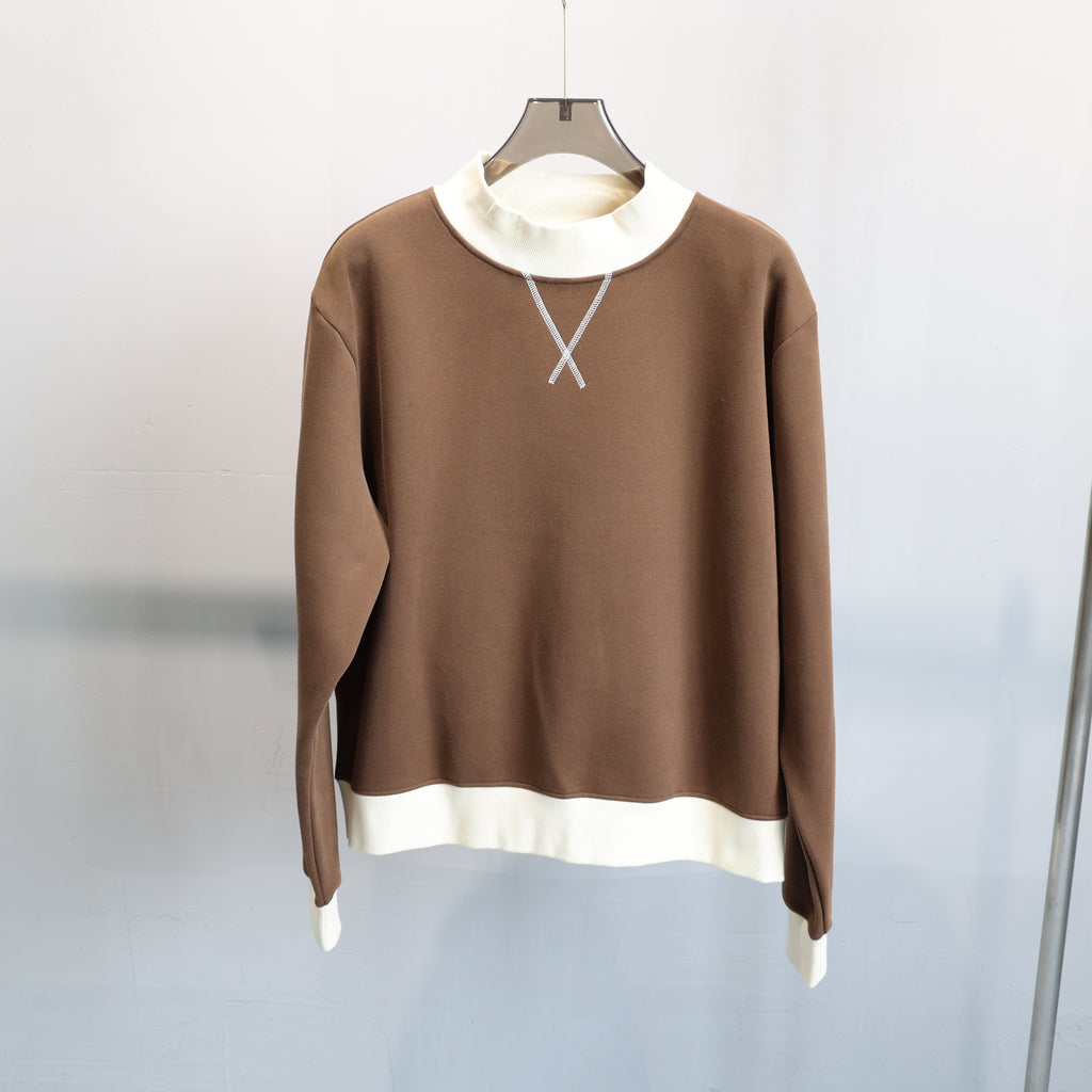 Contrast Trim Mock Neck Sweatshirt - Brown