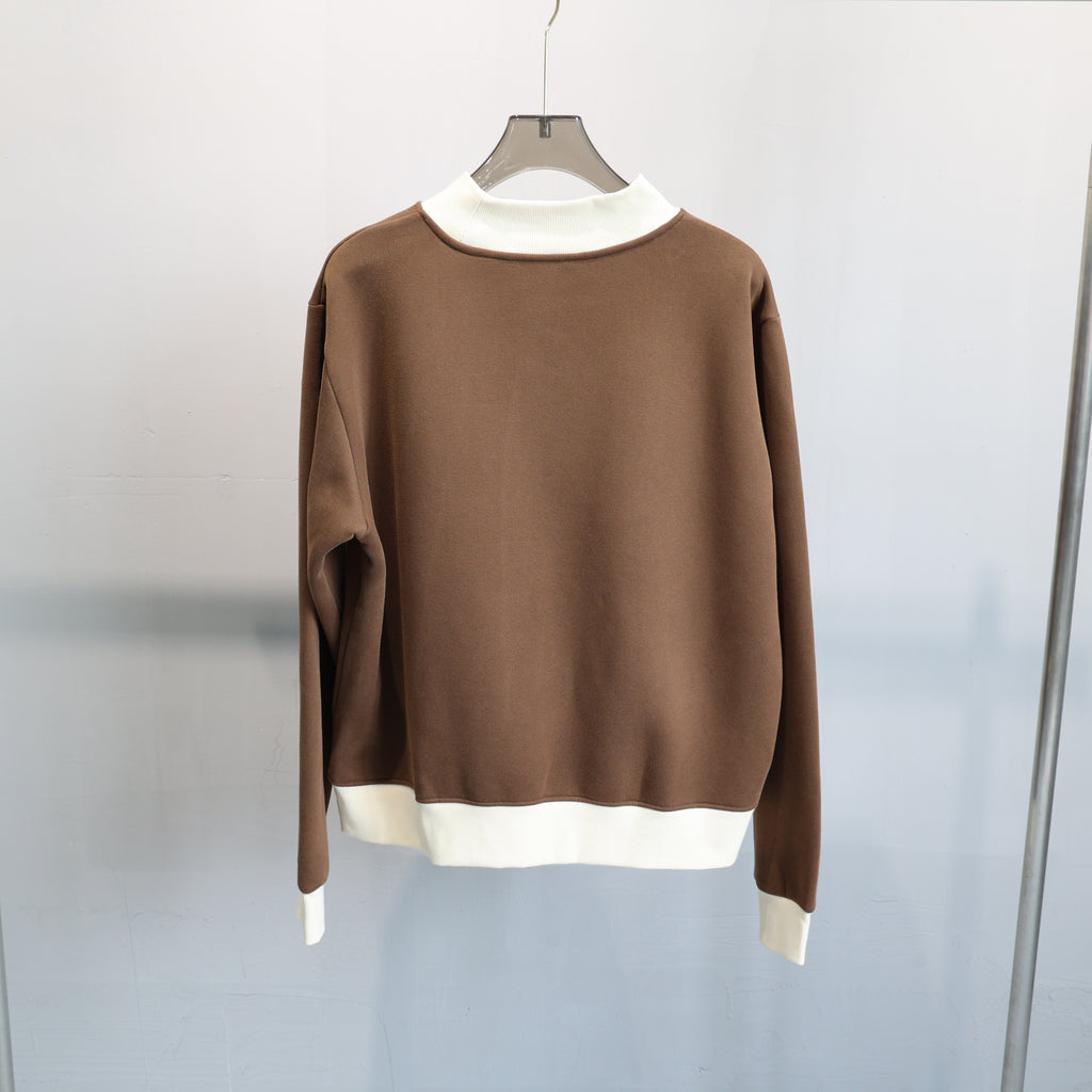 Contrast Trim Mock Neck Sweatshirt - Brown - 1
