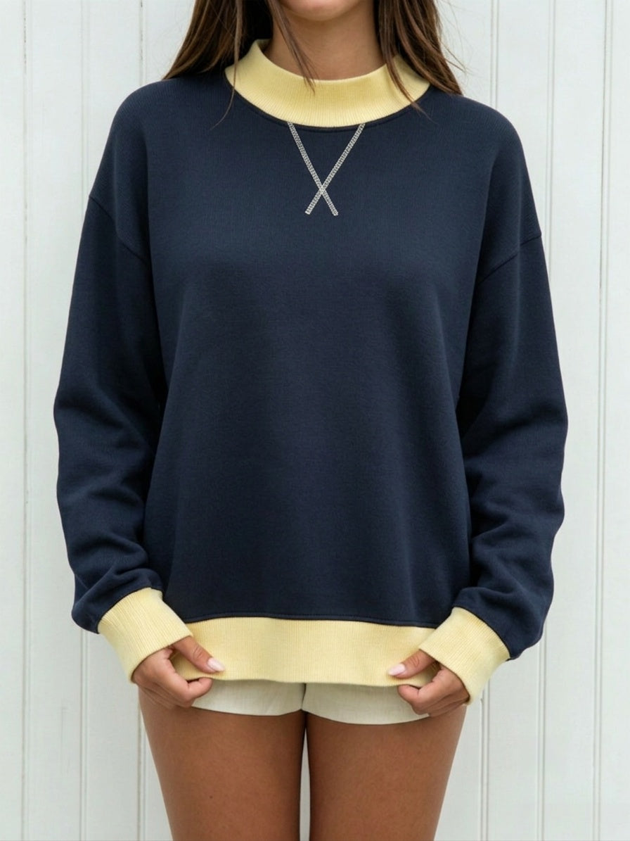 Contrast Trim Mock Neck Sweatshirt - Navy - 3
