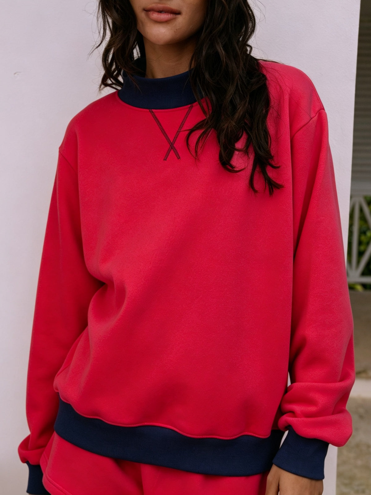 Contrast Trim Mock Neck Sweatshirt - Red - 3
