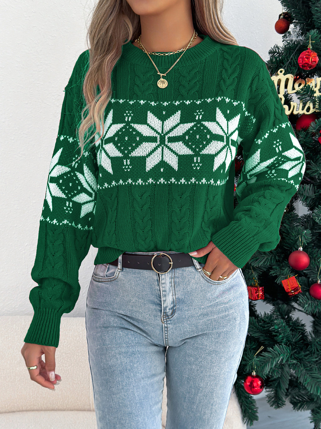 Snowflake Cable Knit Crew Neck Pullover - Green - 2