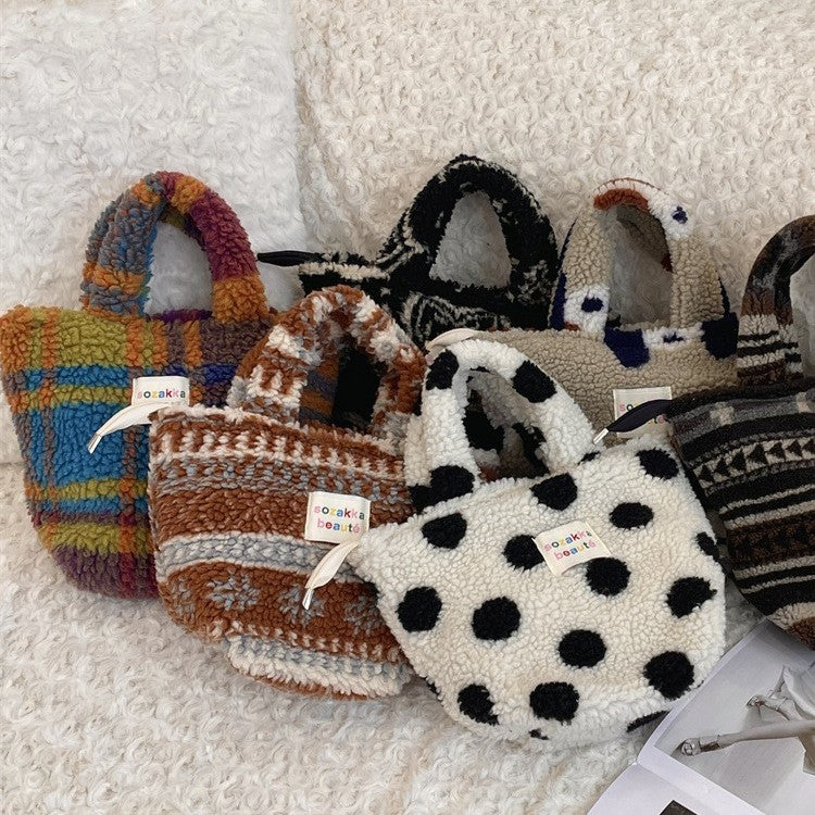 Fuzzy Plush Mini Handle Tote Bag
