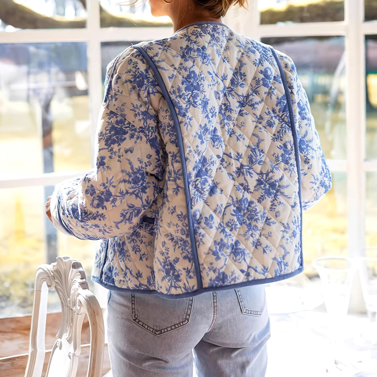 Toile Floral Quilted Collarless Jacket - Blue - 1