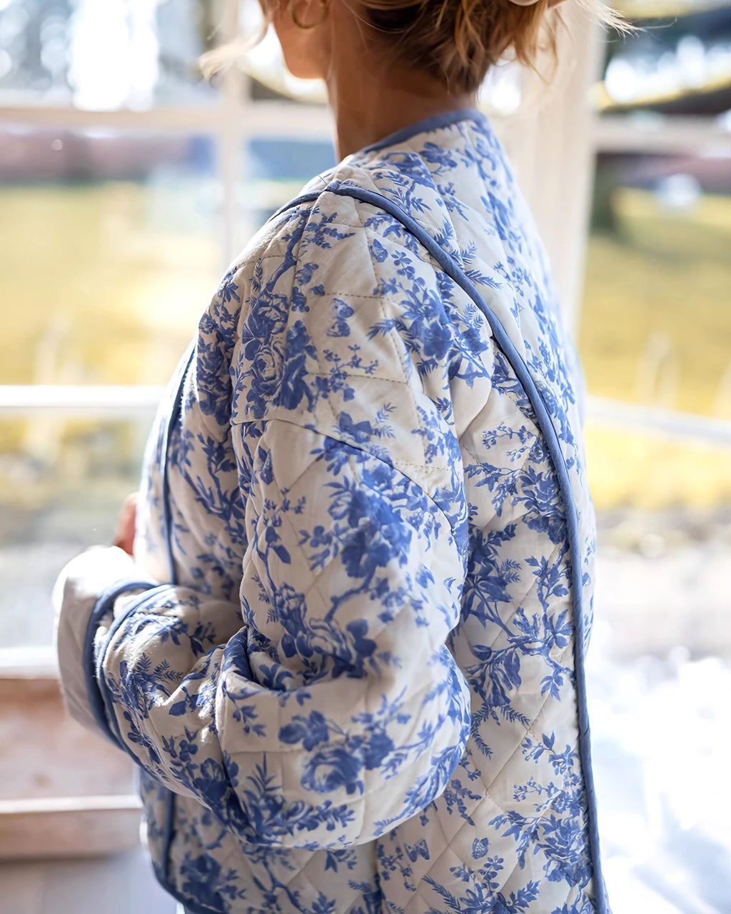 Toile Floral Quilted Collarless Jacket - Blue - 2