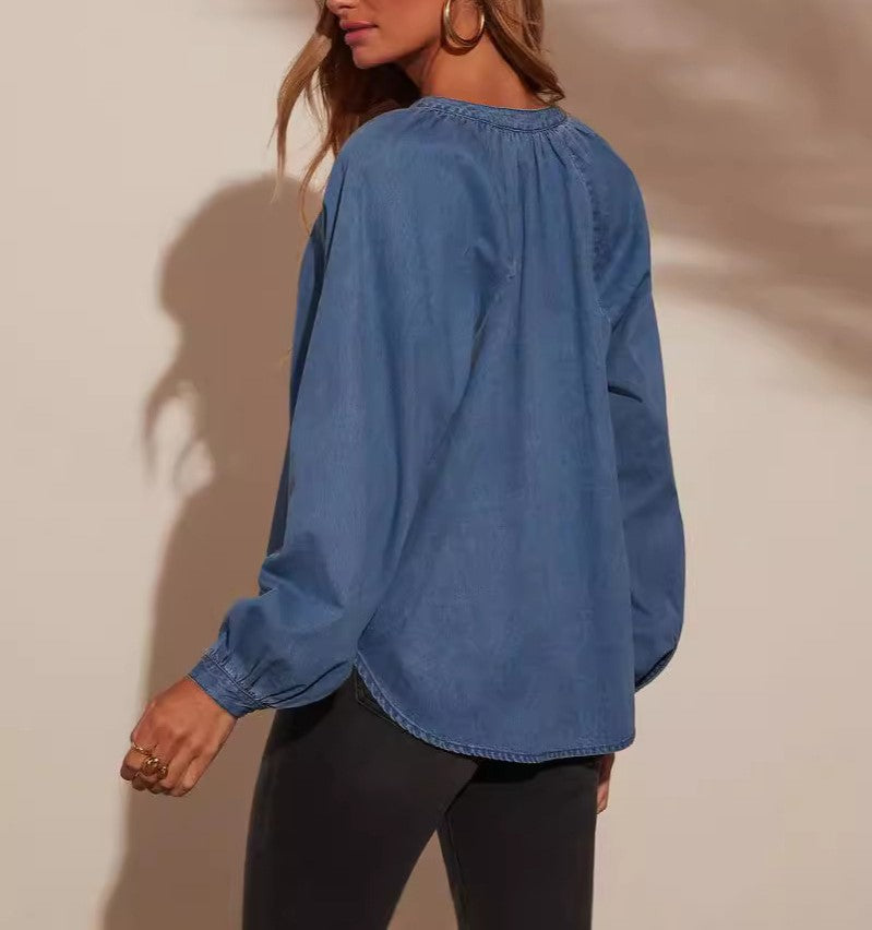 Chambray Balloon Sleeve Split Neck Shirt - Blue - 2