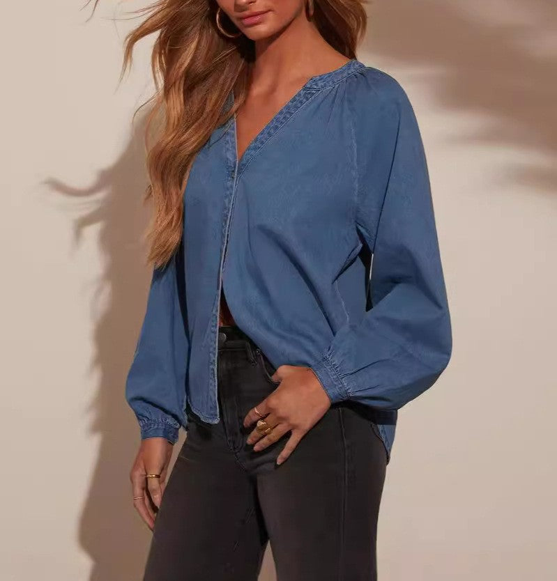 Chambray Balloon Sleeve Split Neck Shirt - Blue - 3
