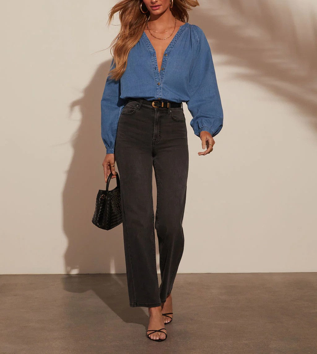 Chambray Balloon Sleeve Split Neck Shirt - Blue - 4