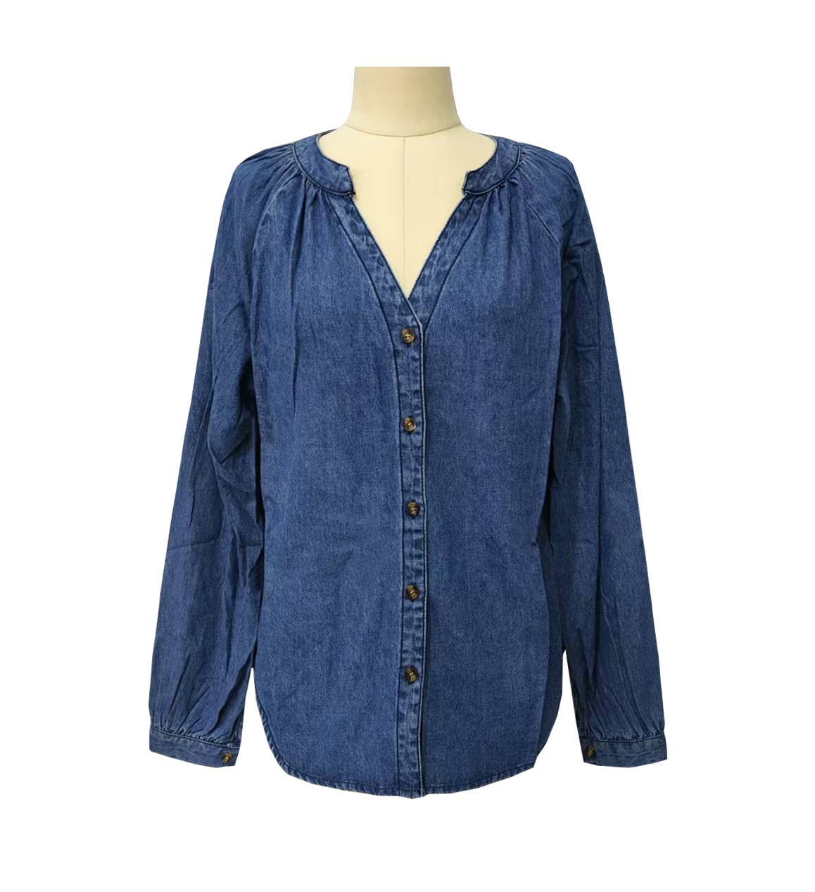 Chambray Balloon Sleeve Split Neck Shirt