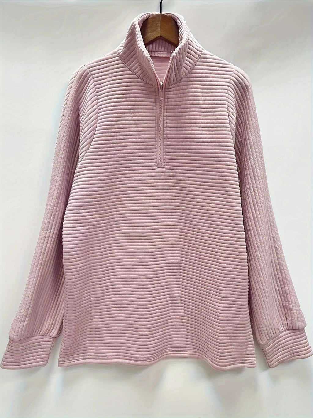 Textured Rib Half Zip Collared Sweatshirt - Pink