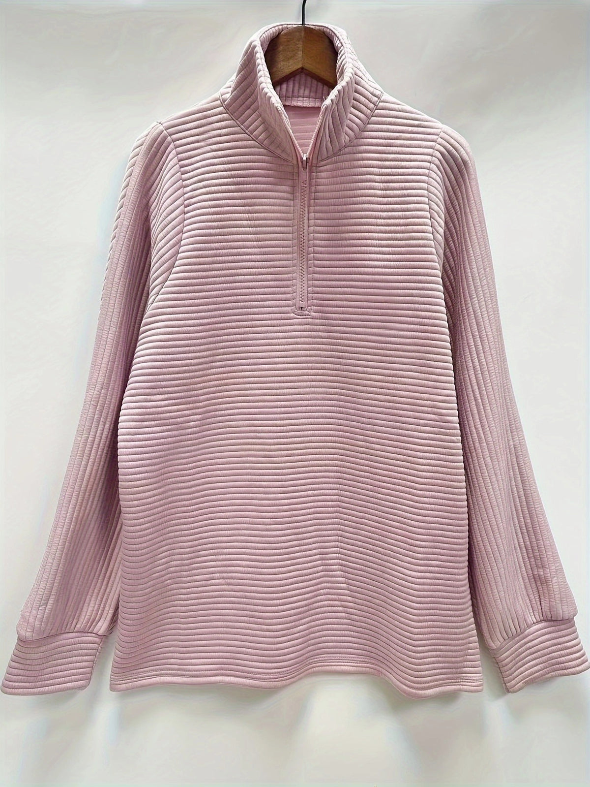 Textured Rib Half Zip Collared Sweatshirt - Pink