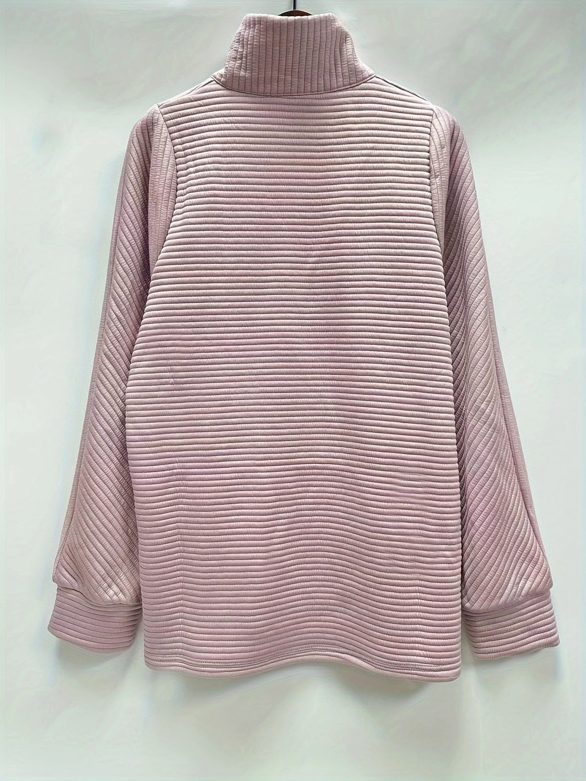 Textured Rib Half Zip Collared Sweatshirt - Pink - 1