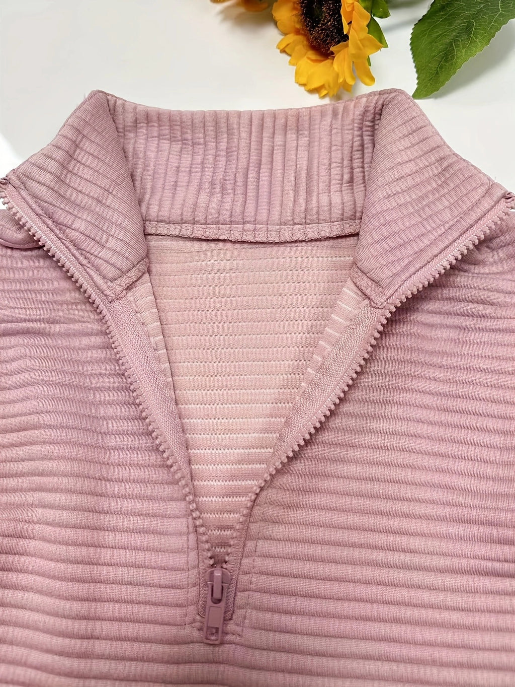 Textured Rib Half Zip Collared Sweatshirt - Pink - 2