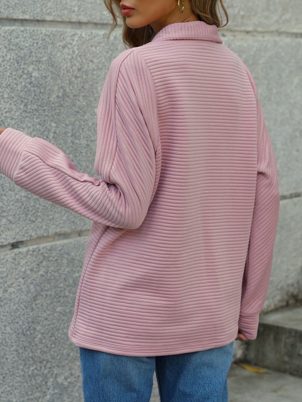 Textured Rib Half Zip Collared Sweatshirt - Pink - 5