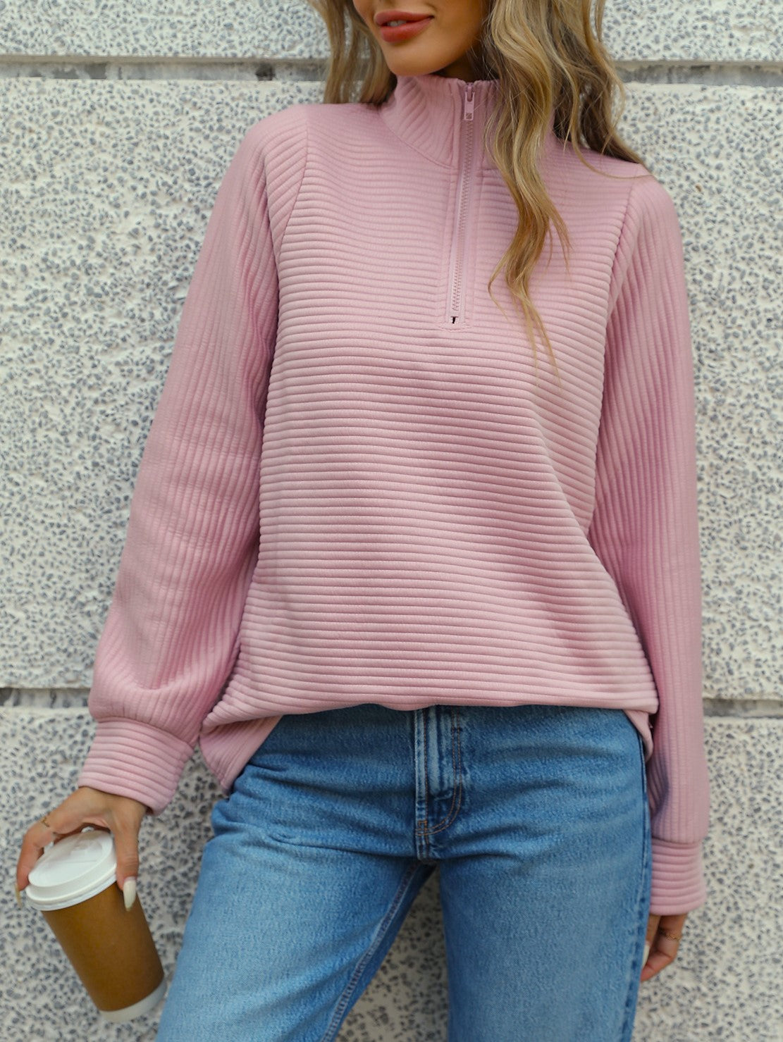 Textured Rib Half Zip Collared Sweatshirt - Pink - 6