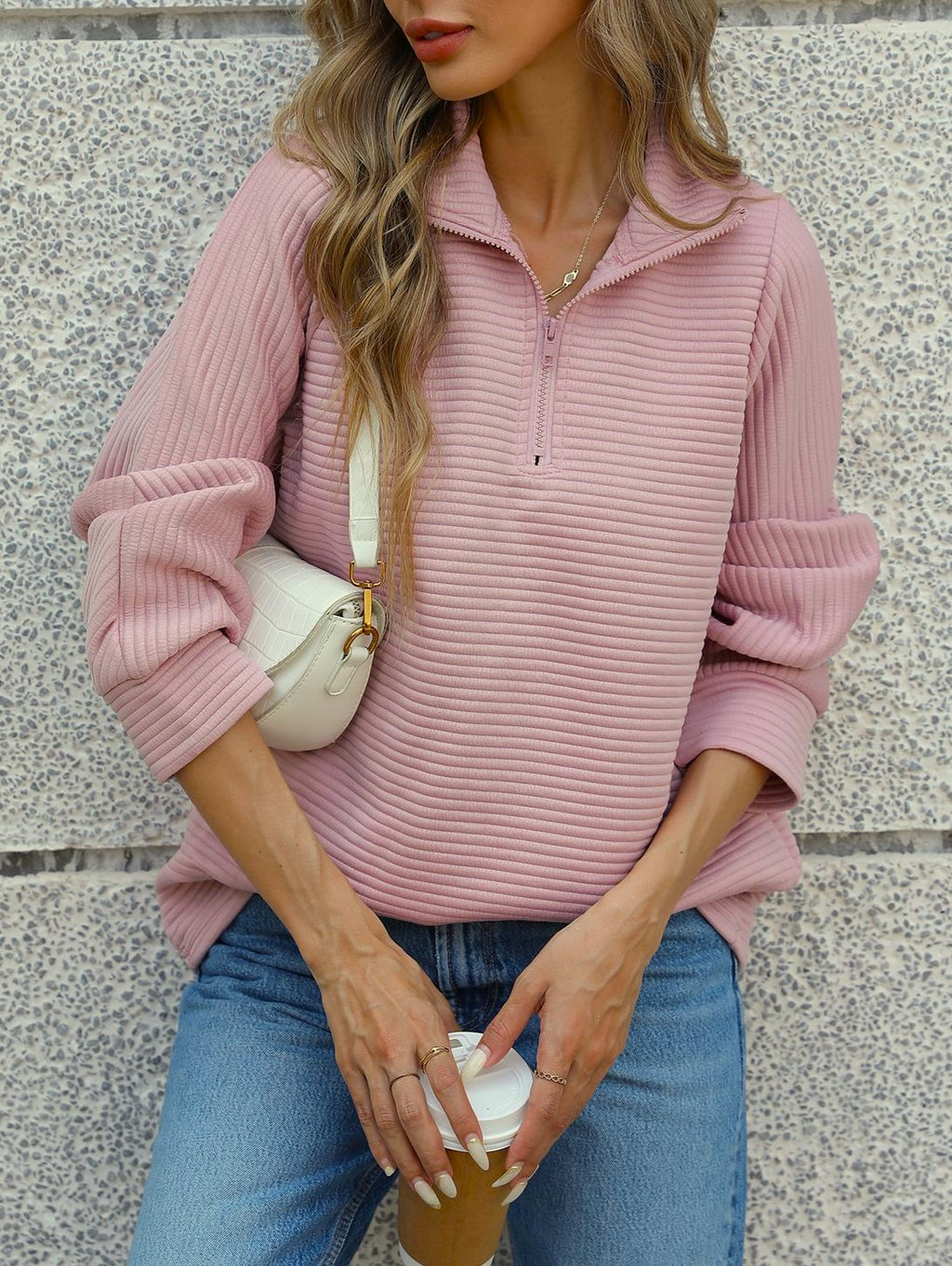 Textured Rib Half Zip Collared Sweatshirt - view 1
