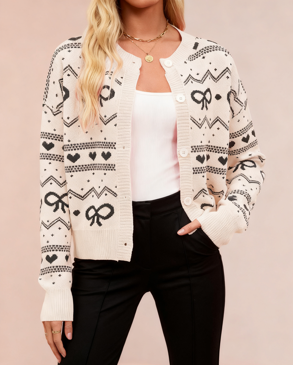 Bow Heart Jacquard Knit Cardigan - Apricot