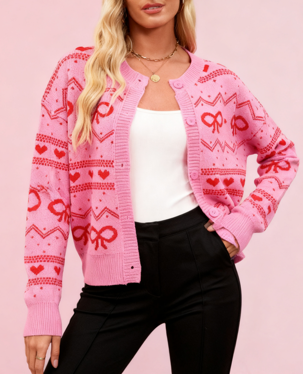 Bow Heart Jacquard Knit Cardigan - Rosered