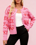 Bow Heart Jacquard Knit Cardigan - Rosered