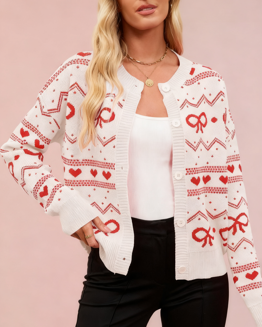 Bow Heart Jacquard Knit Cardigan - White