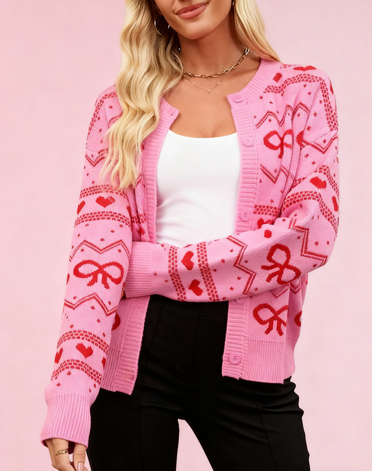 Bow Heart Jacquard Knit Cardigan