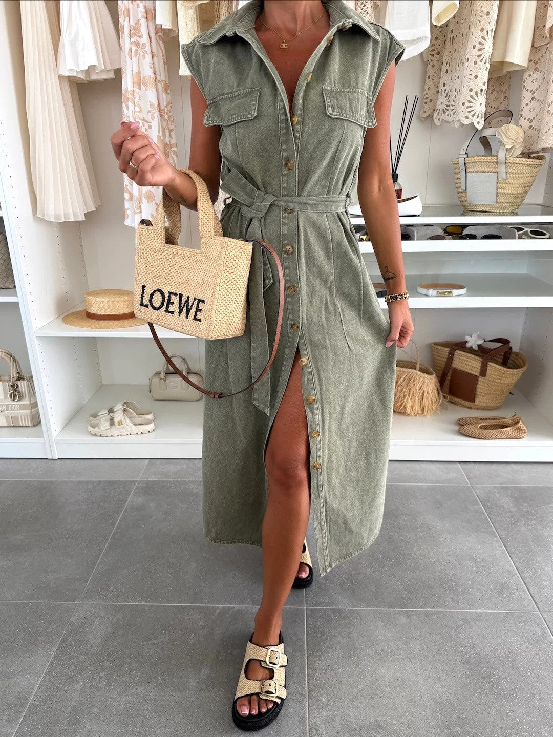 Belted Sleeveless Denim Midi Shirt Dress - Green - 3