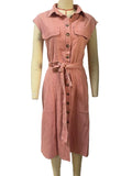 Belted Sleeveless Denim Midi Shirt Dress - Pink