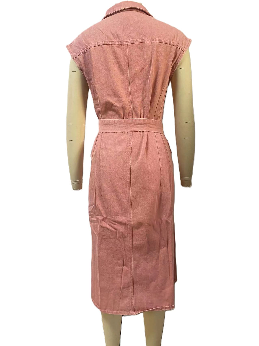 Belted Sleeveless Denim Midi Shirt Dress - Pink - 1