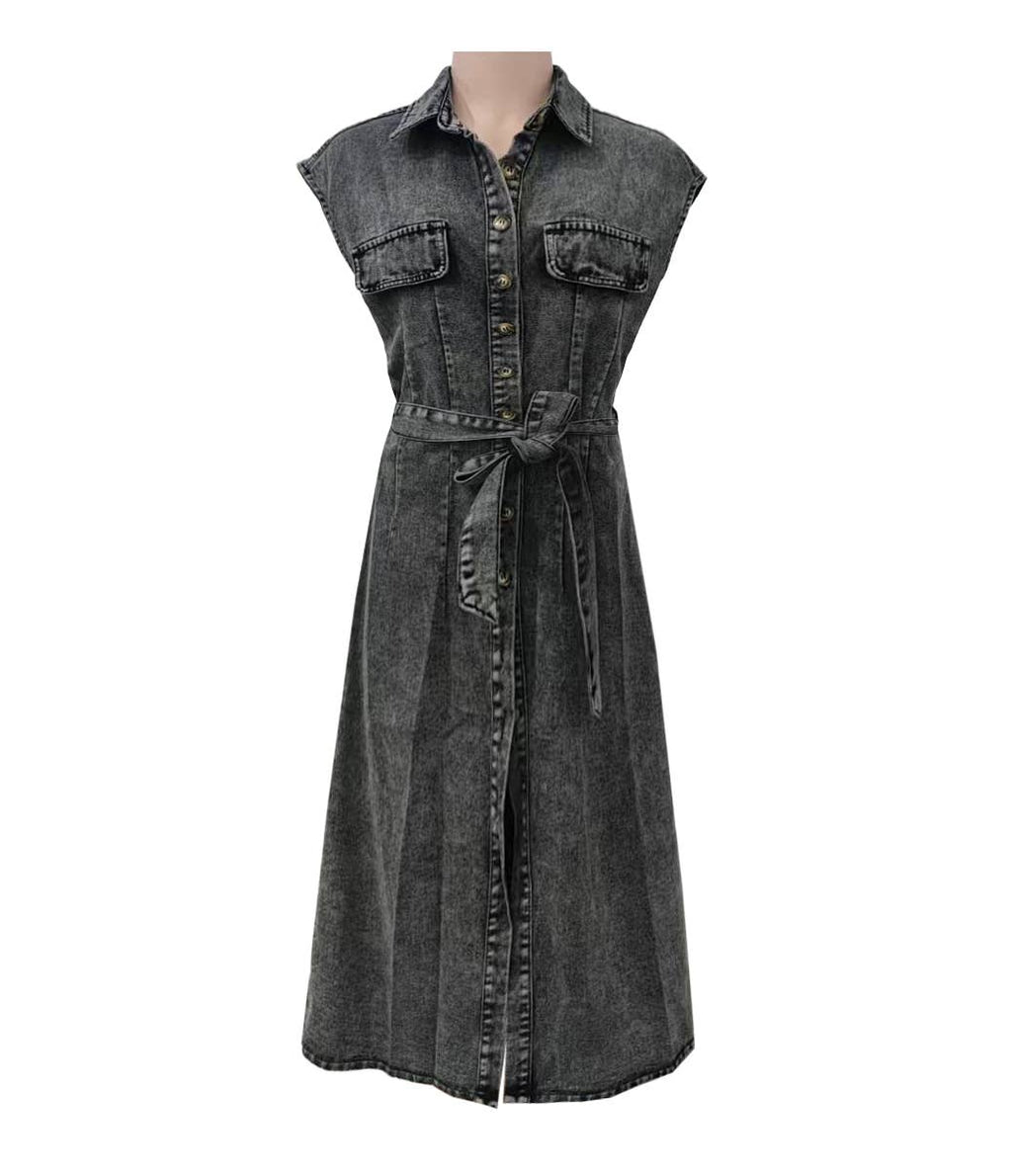 Belted Sleeveless Denim Midi Shirt Dress