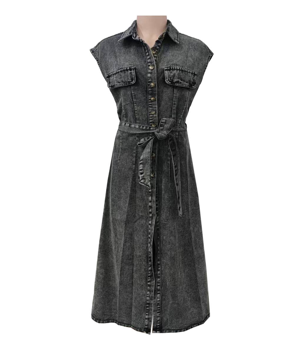 Belted Sleeveless Denim Midi Shirt Dress