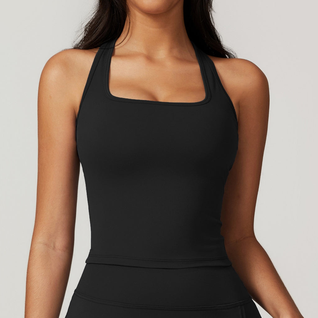 Brushed Square Neck Racerback Cropped Workout Tank - Black